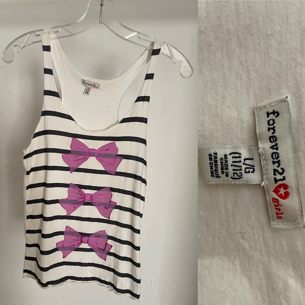 VINTAGE Y2K Forever 21 Girls TROMPE L’OEIL Bows and Stripes Print TANK TOP Large